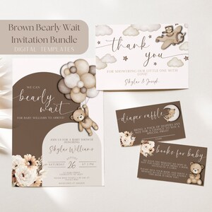 Editable Gender Neutral Teddy Bear Baby Shower Invitation Bundle,Bear Themed Baby Shower Invites,We Can Bearly Wait Invite, BBR10