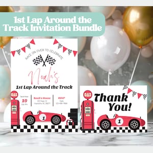 Editable First Lap Birthday Bundle,First Lap Around The Track Boy Vintage Red Race Car 1st Birthday Printable Invite Template Download,RCE10