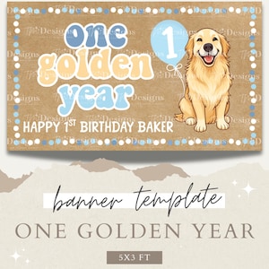 Editable One Golden Year Painted Banner Template - Editable Canva Design - 1st Birthday Digital Download Banner Template