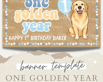 Editable One Golden Year Painted Banner Template - Editable Canva Design - 1st Birthday Digital Download Banner Template
