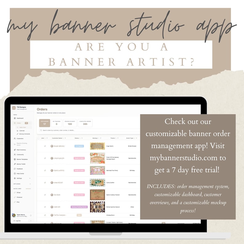May include: A laptop screen displaying the My Banner Studio app interface, featuring an order management dashboard with a list of banner projects. Text overlays include 'my banner studio app', 'ARE YOU A BANNER ARTIST?', and promotional details.