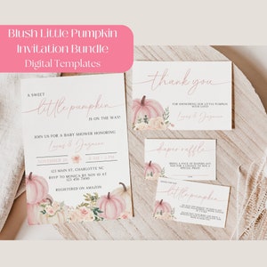 Blush Pink bearbeitbares kleines Kürbis-Babyparty-Einladungspaket, kleine Kürbis-Babyparty lädt ein, Windel-Verlosung, Dankeskarte, BPK10