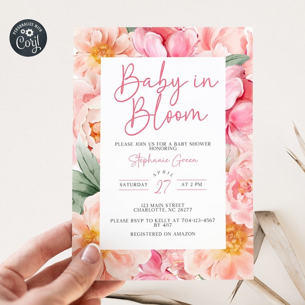 Pink Peony Digital Baby in Bloom Invitation, Floral Spring Summer Baby Shower, Baby Girl Invitation, Baby in Bloom Invite, PNY10