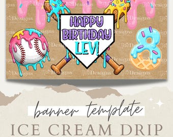 Editable Ice Cream Drip Banner Template - Editable Canva Design - Baseball Birthday Party Digital Download