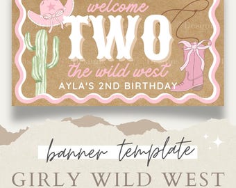 Girly Wild West Birthday Painted Banner Template - Editable Canva Design - First Birthday Party Digital Download