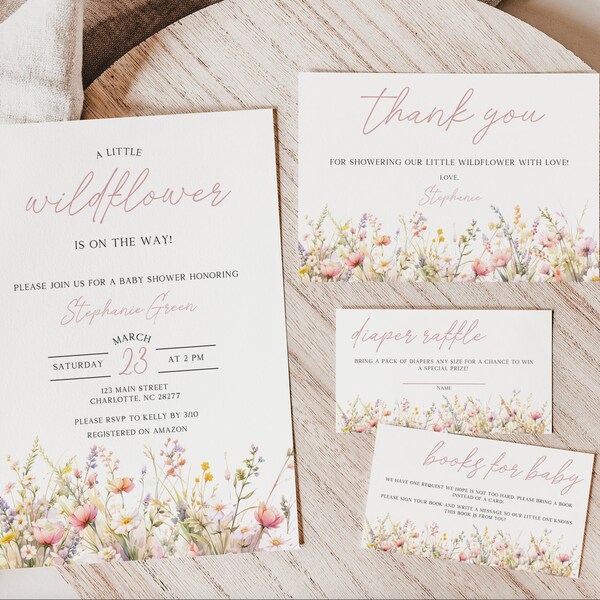 Blush Pink Wildflower Baby Shower Invitation Bundle, Little Wildflower Baby Shower Invites, Diaper Raffle, Thank You Card, Floral Invitation