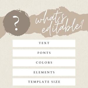 May include: A beige graphic with a brown circle containing a white question mark and the text "what's editable?" in white script. Below are five white rectangular bars with the text: TEXT, FONTS, COLORS, ELEMENTS, and TEMPLATE SIZE.
