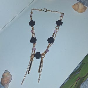Goth Chic Black Cross Chocker Beaded Necklace With rose quarts Beads And Gold Chain
