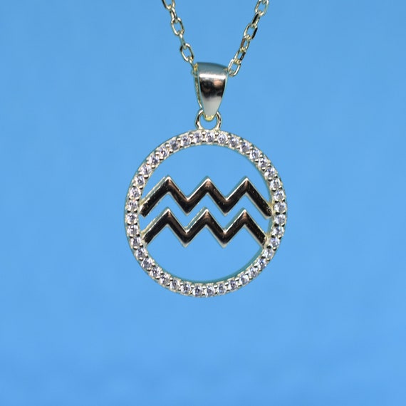 Aquarius Zodiac Necklace Diamond CZ 