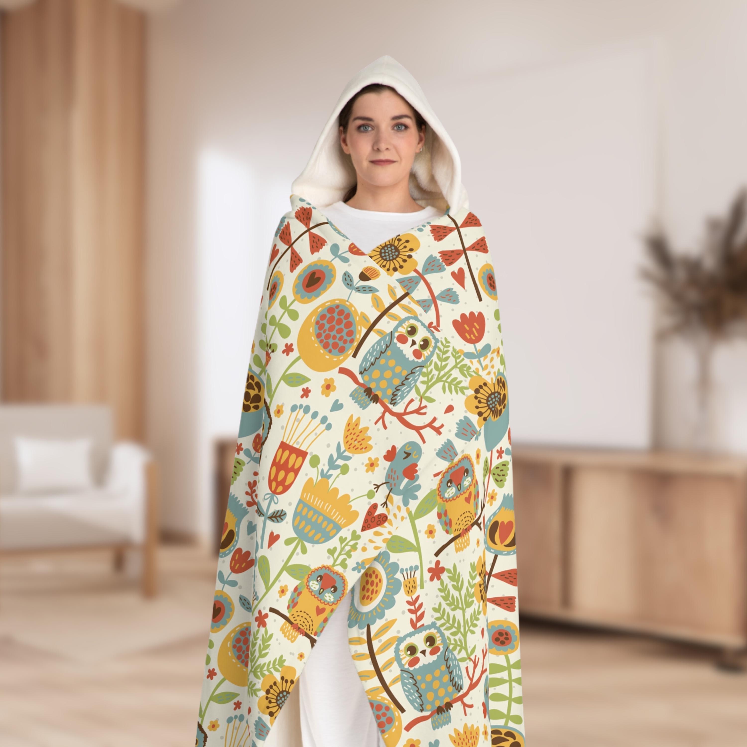 Owl Bird And Plant Flowers Print Pattern Design, Very Soft Wearable Oversized Hoodie, Sherpa Fleece