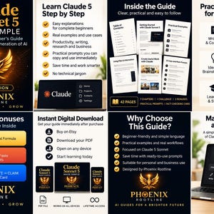Può includere: Una guida digitale intitolata Claude Sonnet 5 Made Simple, edizione 2026 di Phoenix Rootline. La guida contiene 42 pagine di istruzioni sull'IA per principianti, esempi pratici e flussi di lavoro, presentati su più pannelli con icone.