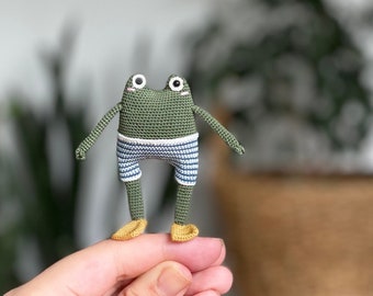 Mini Amigurumi Frog, Handmade Crochet Frog Doll, Removable Swim Trunk, Tiny Animal Plush, Collectible Miniature Toy, Pre-order Gift