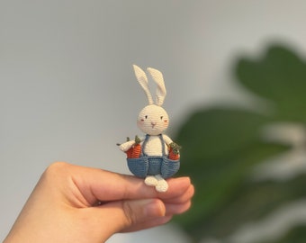 Mini Gardener Bunny with 8 Carrots , Pocket-Sized Crochet Amigurumi Bunny,  Miniature Handmade Bunny Doll. (PRE-ORDER)