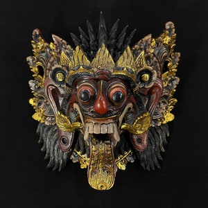 23CM Balinese Rangda Wooden Mask | Barong Wood Mask | Wall Art | Wood Carving | Indonesian Mask | Wall Hanging Mask | Vintage Wall Deco