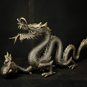 58CM Folk China Bronze Dragon with Pearl Ball, Dragon Bronze Statue, Exquisite Chinese Dragon, Dragon Sculpture, Lunar New Year&#39;s Gift