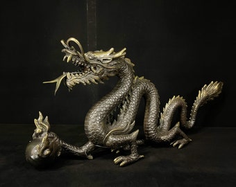 58CM Folk China Bronze Dragon with Pearl Ball, Dragon Bronze Statue, Exquisite Chinese Dragon, Dragon Sculpture, Lunar New Year&#39;s Gift