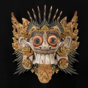 33CM Ancient Balinese Rangda Wooden Mask, Rare Barong Wood Carving, Indonesian Mask, Vintage Wall Hanging Mask, 19th Century&#39;s Wood Mask