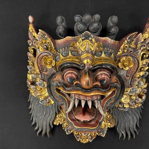 Houten barongmasker van 31 CM | Balinees woondecoratiemasker | Balinese houtsnijwerk masker | Houtsnijwerk | Vintage houten masker | Antieke muurdecoratie