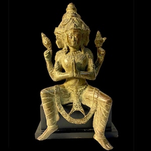 10.5&quot; Brahma Bronze Sculpture,Four Faced Brahma Statue with 4 Arms, Hindu God of Creation. Antique Four Faced Brahma