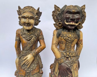 Barong Landung Wooden Sculpture | Balinese Legend Couple | King Jaya Pangus | Queen Kang Cing Wie | Balinese Wood Art | Vintage Hand Carved