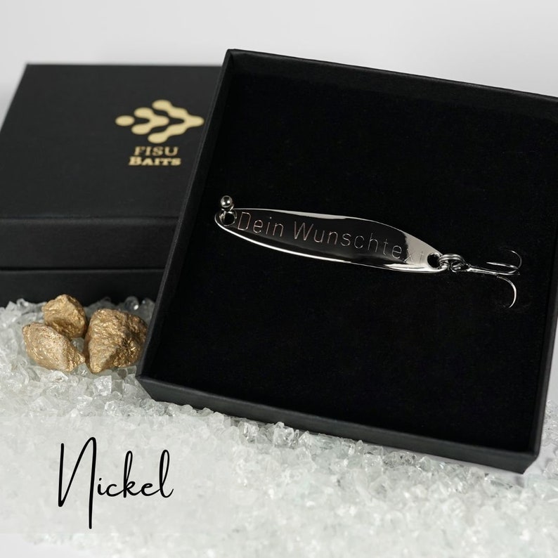 Gift for angler father, high-quality refined fishing lures with individual engraving, for Father's Day, birthday, wedding anniversary, anniversary Nickel /Silberfarbig