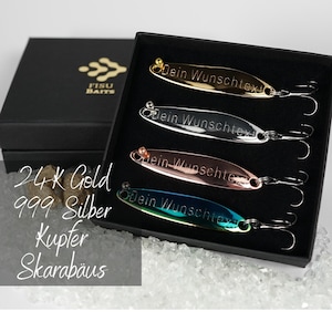 Gift for angler father, high-quality refined fishing lures with individual engraving, for Father's Day, birthday, wedding anniversary, anniversary 4er SET + Aufsteller