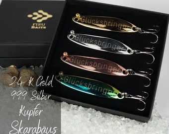 Hochwertig veredelte Angelköder mit Gravur "Glücksbringer", als Geschenk für Angler, zum Valentinstag, zum Geburtstag, Vatertag, Jubiläum