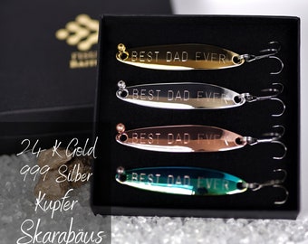 Geschenk für Angler Vater Papa, hochwertig veredelte Angelköder mit Gravur in Schmuckschatulle zum Valentinstag, Geburtstag, Jahrestag.