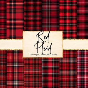 May include: Twelve digital paper patterns featuring red and black plaid designs. The patterns are seamless and can be used for a variety of projects, such as scrapbooking, card making, and digital design.  "Red Plaid" is written in white text on a brown background.