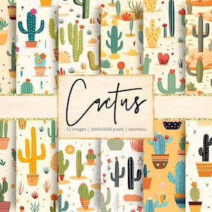 May include: A collection of 12 seamless digital papers featuring various cactus illustrations in pots and desert landscapes. The designs include cacti with flowers, in shades of green, orange, and yellow, on a cream background. The word "Cactus" is written in black.