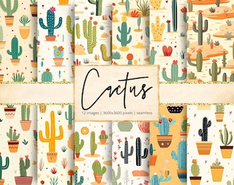 May include: A set of 12 seamless digital papers showcasing cactus designs in pots and desert scenes. The illustrations feature cacti with flowers in green, orange, and yellow hues, set against a cream backdrop. The word "Cactus" is written in black.