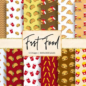 Fast Food Digital Paper, Burger, Fries, Pizza, Taco, Chicken Nuggets, Sandwich, Hot Dog, Soda, Beverage, Snacks, Backgrounds, Scrapbook