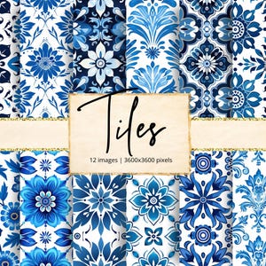 May include: A collection of twelve blue and white patterned tile images. The designs feature floral and geometric patterns in shades of blue on a white background. The word "Tiles" is written on a beige background.