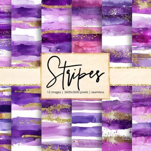 Puede incluir: Colección de arte digital con rayas de acuarela en tonos morado, lavanda y dorado. La imagen incluye la palabra "Stripes" en una fuente manuscrita, junto con detalles sobre el número de imágenes y dimensiones en píxeles.