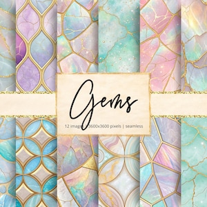 May include: A collection of twelve seamless digital papers with gem-like designs. The papers feature pastel colors like purple, blue, and pink, with gold geometric accents and a cracked marble effect. The word "Gems" is written in cursive.