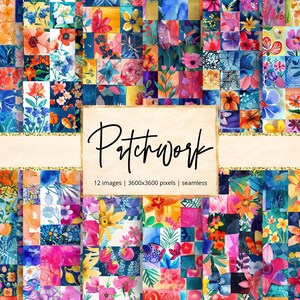 May include: A vibrant patchwork design featuring watercolor floral patterns in a variety of colors, including pink, orange, blue, and yellow. The design is composed of numerous square tiles, with the word "Patchwork" in elegant script. The image includes the text "12 images | 3600x3600 pixels | seamless".