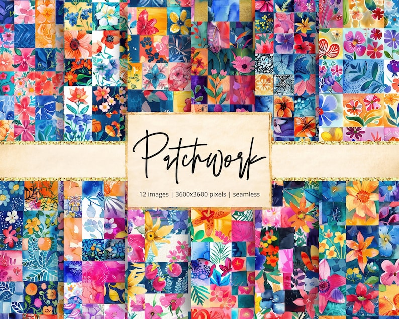 Patchwork Digital Paper, Flowers, Quilt, Sewing, Embroidery, Vintage ...
