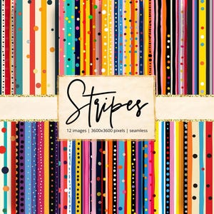 Puede incluir: Una colorida obra de arte digital con rayas verticales en varios colores, incluyendo rojo, azul, amarillo y negro. Algunas rayas tienen lunares. La palabra "Stripes" está escrita en cursiva sobre un fondo beige.