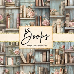 Puede incluir: Un paquete de papel digital con 12 imágenes de estanterías vintage con detalles florales. Las imágenes son de 3600x3600 píxeles y presentan una estética rústica y shabby chic.