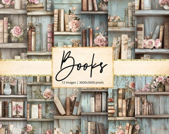 May include: A digital paper pack with 12 images of vintage bookshelves with floral accents. The images are 3600x3600 pixels and feature a rustic, shabby chic aesthetic.