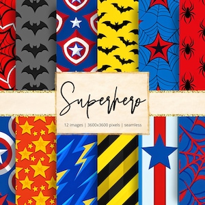 Puede incluir: Una colección de papeles digitales con temática de superhéroes. Los patrones incluyen telarañas, murciélagos, escudos, estrellas y rayos en rojo, azul, amarillo y gris. El texto "Superhero" se muestra sobre un fondo beige.