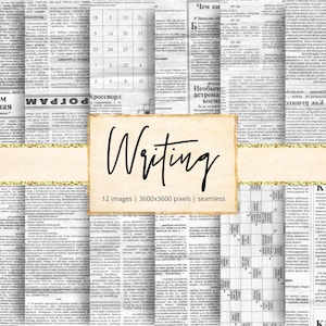 Może przedstawiać: Kolaż ze starych stron gazet z centralnym banerem z napisem "Writing". Baner jest obramowany złotym brokatem. Obraz zawiera krzyżówki i tekst w wielu językach.