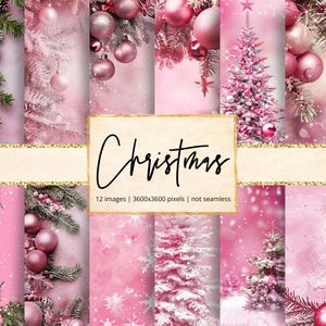 Puede incluir: Una colección de imágenes digitales rosas con temática navideña. Las imágenes presentan árboles de Navidad, adornos y ramas nevadas. La palabra "Christmas" está escrita en una elegante escritura en una pancarta con borde dorado. Las imágenes son de 3600x3600 píxeles.