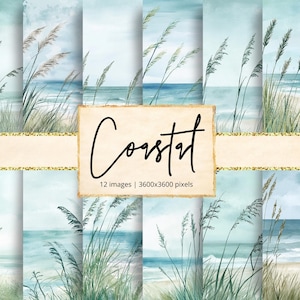 Papier numérique d'herbe côtière, plage, mer, rivage, océan, herbiers, nature, mariage, tranquille, sable, arrière-plans, journal indésirable, scrapbooking