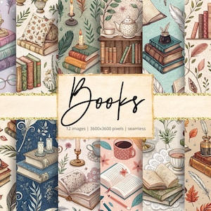 May include: A collection of 12 seamless digital papers featuring watercolor illustrations of books, candles, and botanical elements. The word "Books" is written in a cursive font. The papers have a vintage aesthetic, with soft colors and detailed drawings.