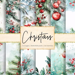 May include: A collection of 12 watercolor Christmas images. The images feature festive elements like red berries, evergreen branches, and ornaments. The word "Christmas" is written in elegant script across a tan banner.