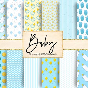 Baby Boy Digital Paper, Newborn, Nursery, Blue, Baby Shower, Party, Baby Bottle, Boys Room, Birthday, Backgrounds, Scrapbook