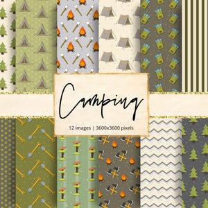 Papel digital de camping, tienda de campaña, mochilero, senderismo, fogata, camping, vida silvestre, pasión por los viajes, naturaleza, aventura, fondos, álbum de recortes