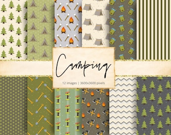 May include: Twelve digital paper designs featuring camping themes. The designs include patterns of pine trees, tents, campfires, axes, shovels, and zigzags. The text "Camping" is written in cursive on a beige background.