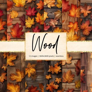 Może przedstawiać: Kompozycja cyfrowa z drewnianym tłem ozdobionym żywymi jesiennymi liśćmi w odcieniach czerwieni, pomarańczy i żółci. Słowo "Wood" jest wyświetlane czcionką odręczną, z dodatkowymi szczegółami obrazu.